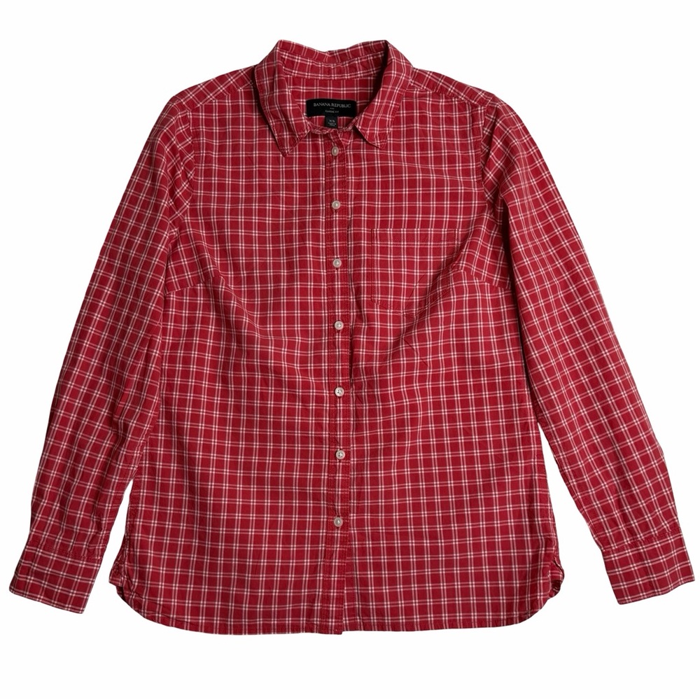 Banana Republic Yarn-Dyed Plaid Button Down 100% Cotton Shirt Red & White XS